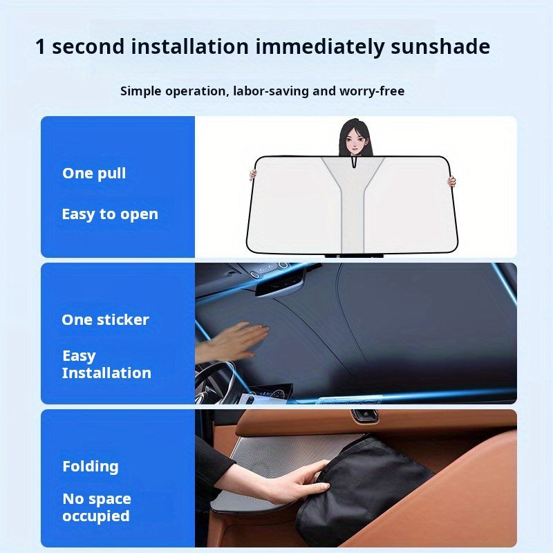 A portable car windshield sun visor - a heat-insulated front windshield for interior accessories