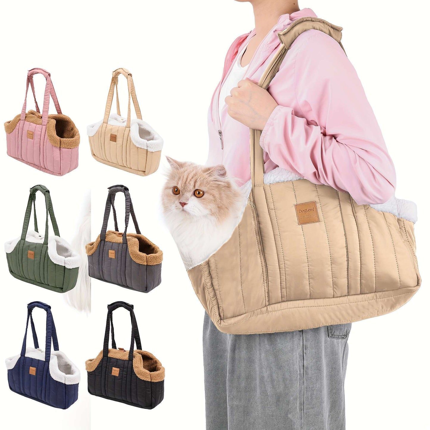 Pet Carrier Handbag Winter Warm Soft-Sided Small Dog Cat Carrier Bag with Snap Closure, Cozy Outdoor Tote Bag for Cold Weather, Portable Pet Purse for Small Pets - Dark Blue Grey Green Beige Black Pink