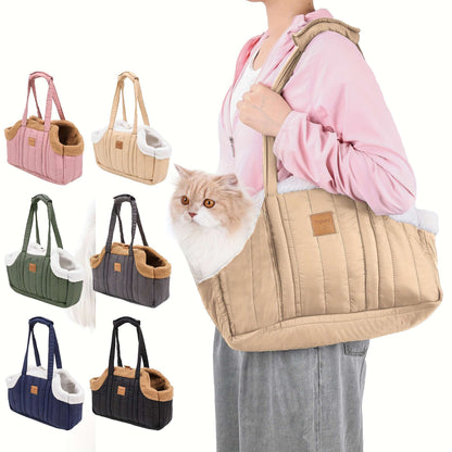 Pet Carrier Handbag Winter Warm Soft-Sided Small Dog Cat Carrier Bag with Snap Closure, Cozy Outdoor Tote Bag for Cold Weather, Portable Pet Purse for Small Pets - Dark Blue Grey Green Beige Black Pink