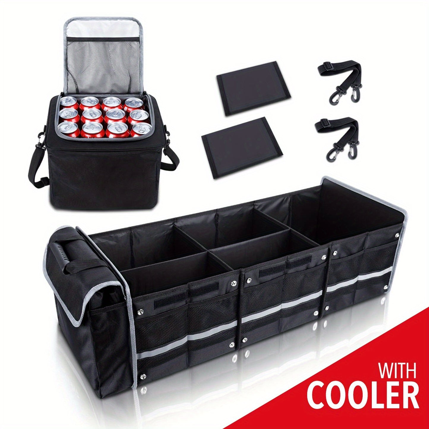 Car Trunk Organizer 5-in-1 Collapsible – 3 Compartments with Insulated Cooler Bag | Removable Dividers, Foldable Lid & 2 Tie-Down Straps | SUV Cargo Storage