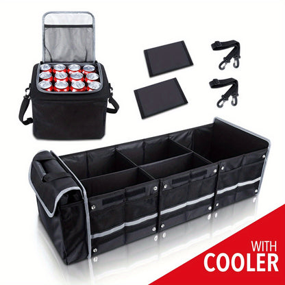 Car Trunk Organizer 5-in-1 Collapsible – 3 Compartments with Insulated Cooler Bag | Removable Dividers, Foldable Lid & 2 Tie-Down Straps | SUV Cargo Storage