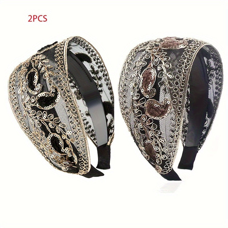 Wide Headbands for Women 2 Pack Lace Embroidered Sequin Flower Hair Hoops – Non-Slip Retro Chic Wide Hair Band for Daily Wear Spring Summer Styling Elegant Gift Set 2 Colors Black Red