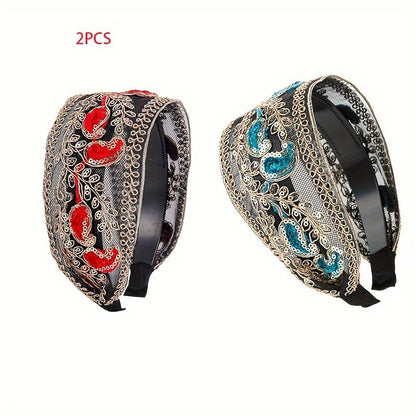 Wide Headbands for Women 2 Pack Lace Embroidered Sequin Flower Hair Hoops – Non-Slip Retro Chic Wide Hair Band for Daily Wear Spring Summer Styling Elegant Gift Set 2 Colors Black Red