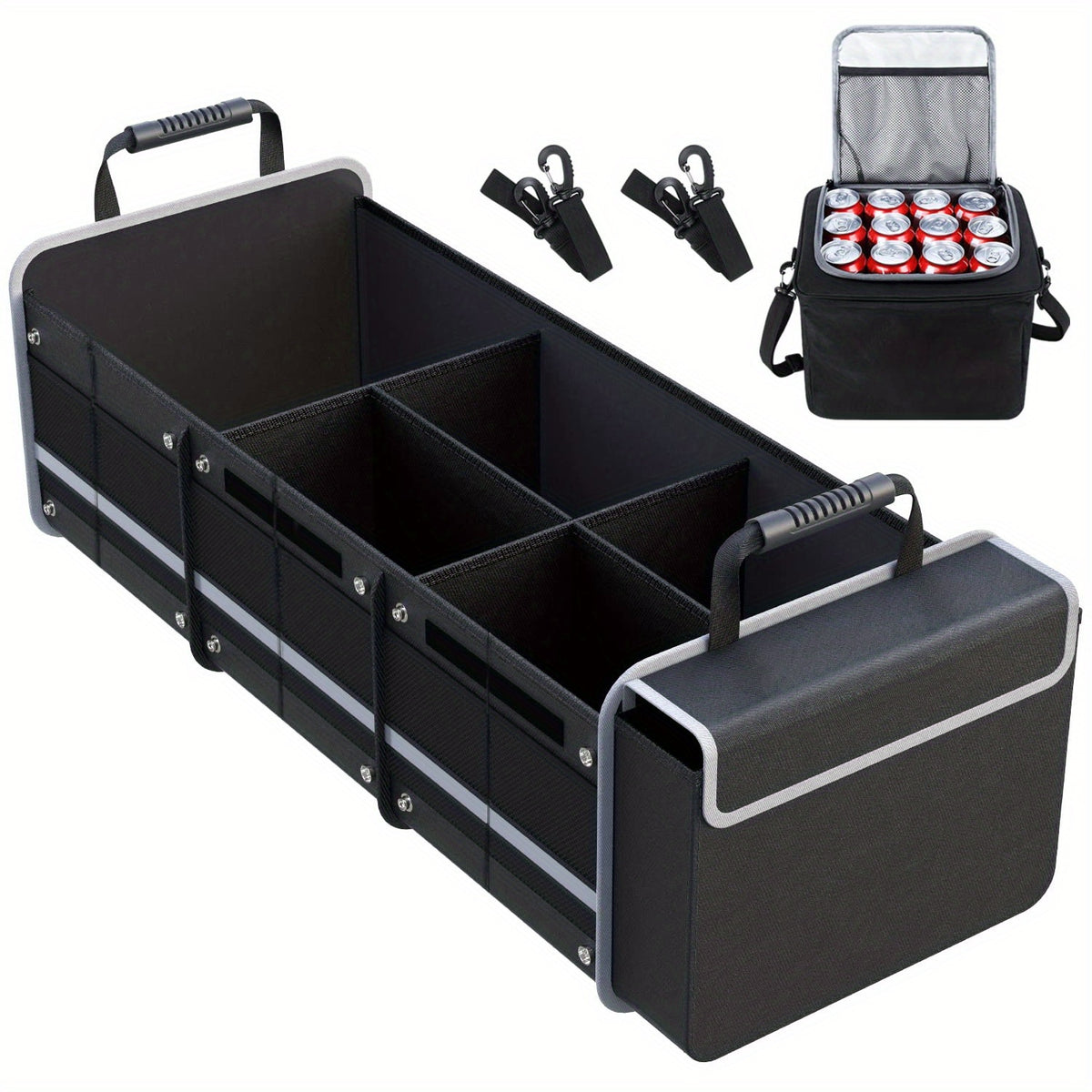 Collapsible Trunk Organizer for Car with Insulated Leak Proof Cooler Bag, 3 Compartments SUV Cargo Organizer Removable Dividers, 5 in1 Car Storage Organizer with Foldable Lid, 2 Tie-Down Straps