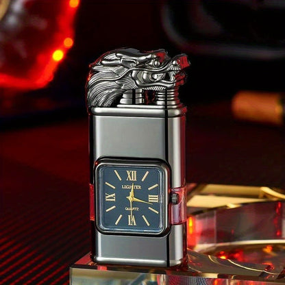 Double Flame Torch Lighter for Men – Windproof Refillable Butane Lighter with Vintage Quartz Dial, Zinc Alloy Body, Gift Box Included, Outdoor Camping BBQ Survival, Unique Engraved Style (Butane Not Included)