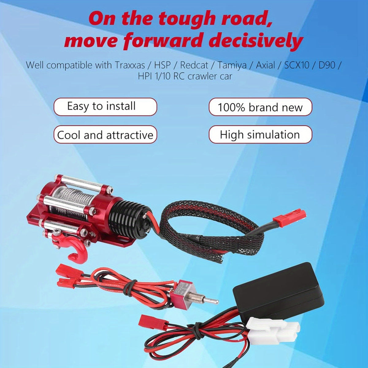 1/10 Car Winch for RC Cars, Wired Steel Winch for RC Cars, Compatible with 1/10 Scale Tracked Vehicles, Suitable for Traxxas/Hsp/Redcat/Tamiya/Axial/Scx10/D90/Hpi 1/10 for rc Crawler Car, Off-Road Recovery Accessory