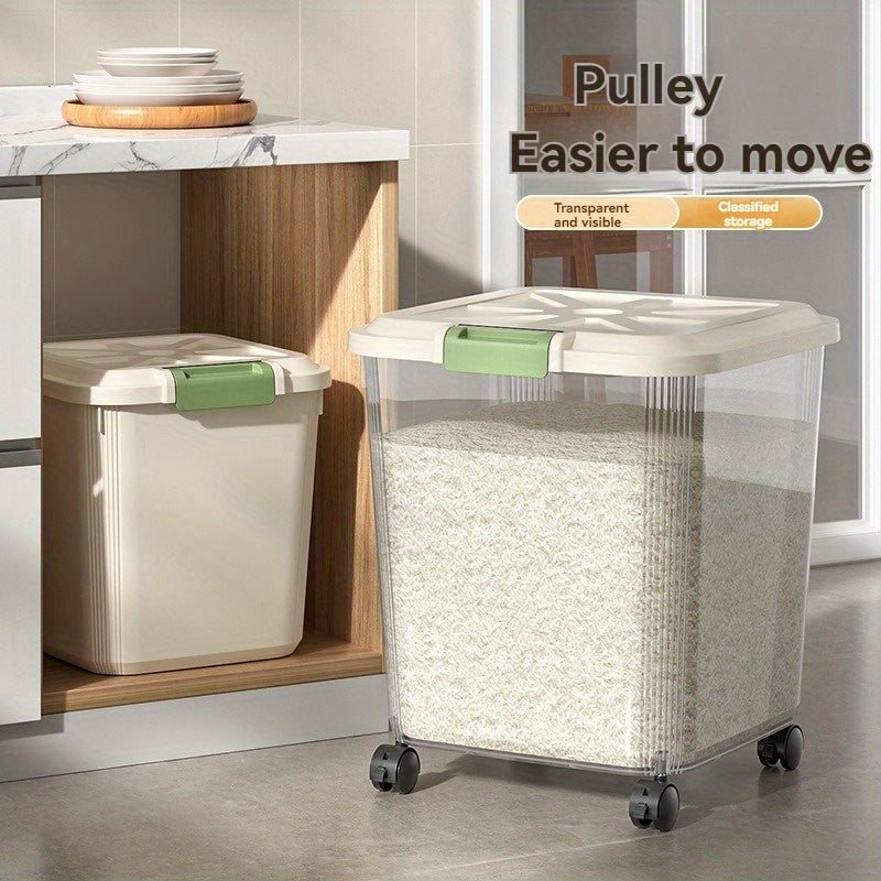 Transparent Pet Food Storage Container with Wheels – Large Capacity Moisture-Proof Bug-Proof Visible Food Level, Includes Measuring Cup, for Cats & Dogs