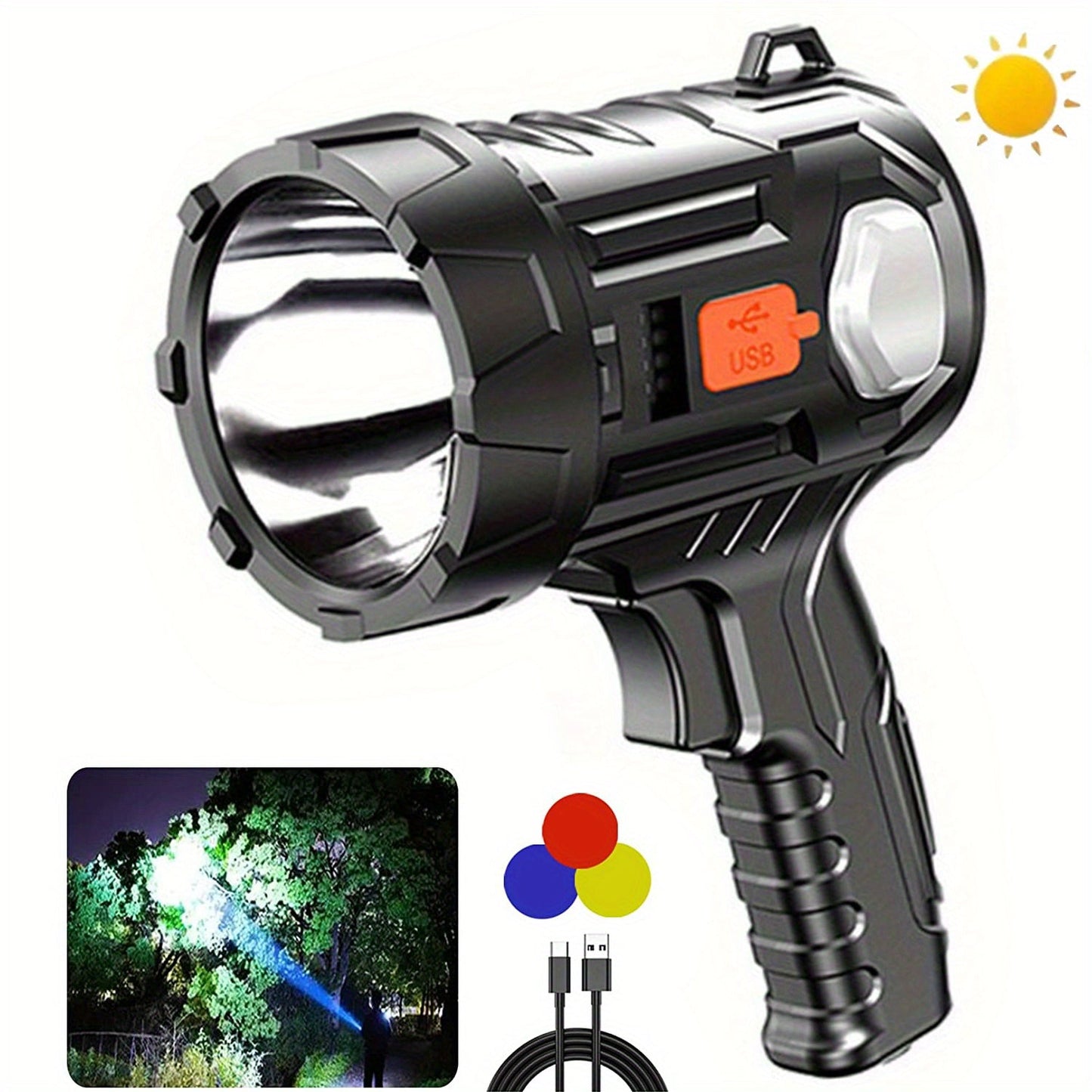 Portable LED Flashlight 2000 Lumen Solar Rechargeable Power Bank USB-C for Camping Hiking Outdoor Emergency
