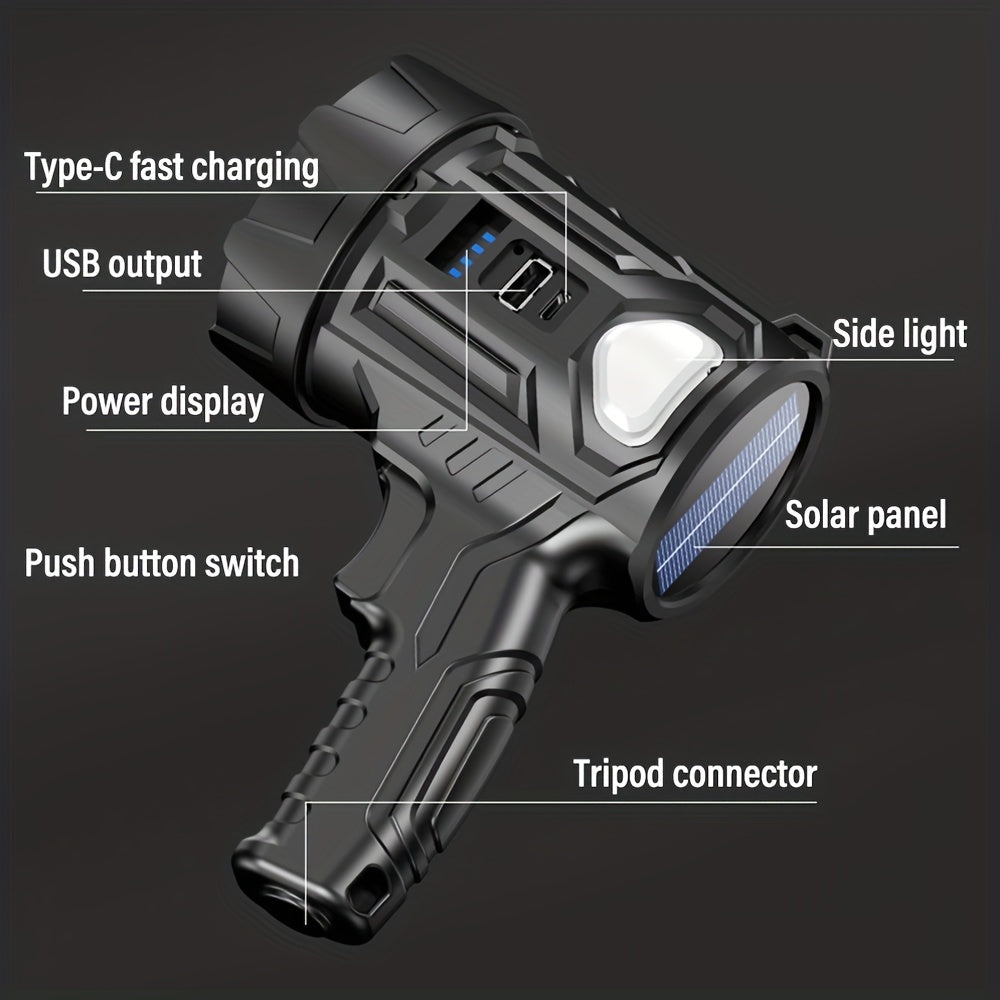 Portable LED Flashlight 2000 Lumen Solar Rechargeable Power Bank USB-C for Camping Hiking Outdoor Emergency