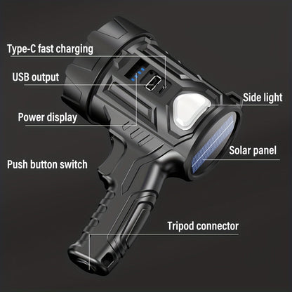 Portable LED Flashlight 2000 Lumen Solar Rechargeable Power Bank USB-C for Camping Hiking Outdoor Emergency