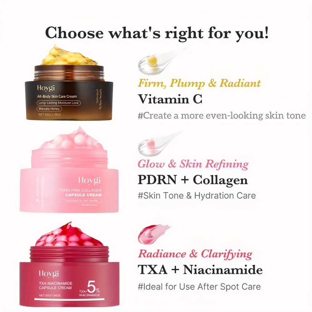 PDRN Collagen Capsule Cream Set 3pcs Vitamin C Niacinamide Advanced Capsule Technology Deep Moisturizing Day Night Face Cream — Brightening Firming Pore Minimizing Skincare Gift for Women