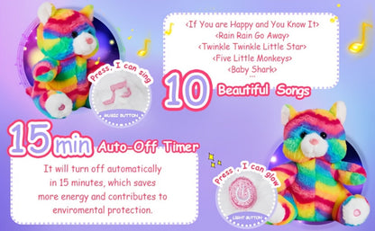 Glow in the Dark Rainbow Cat Plush Toy with Music — Kawaii Glowing Kitty Stuffed Animal Night Light Companion for Kids Girls, Birthday Mother's Day Christmas Valentine Gift for Cat Lovers
