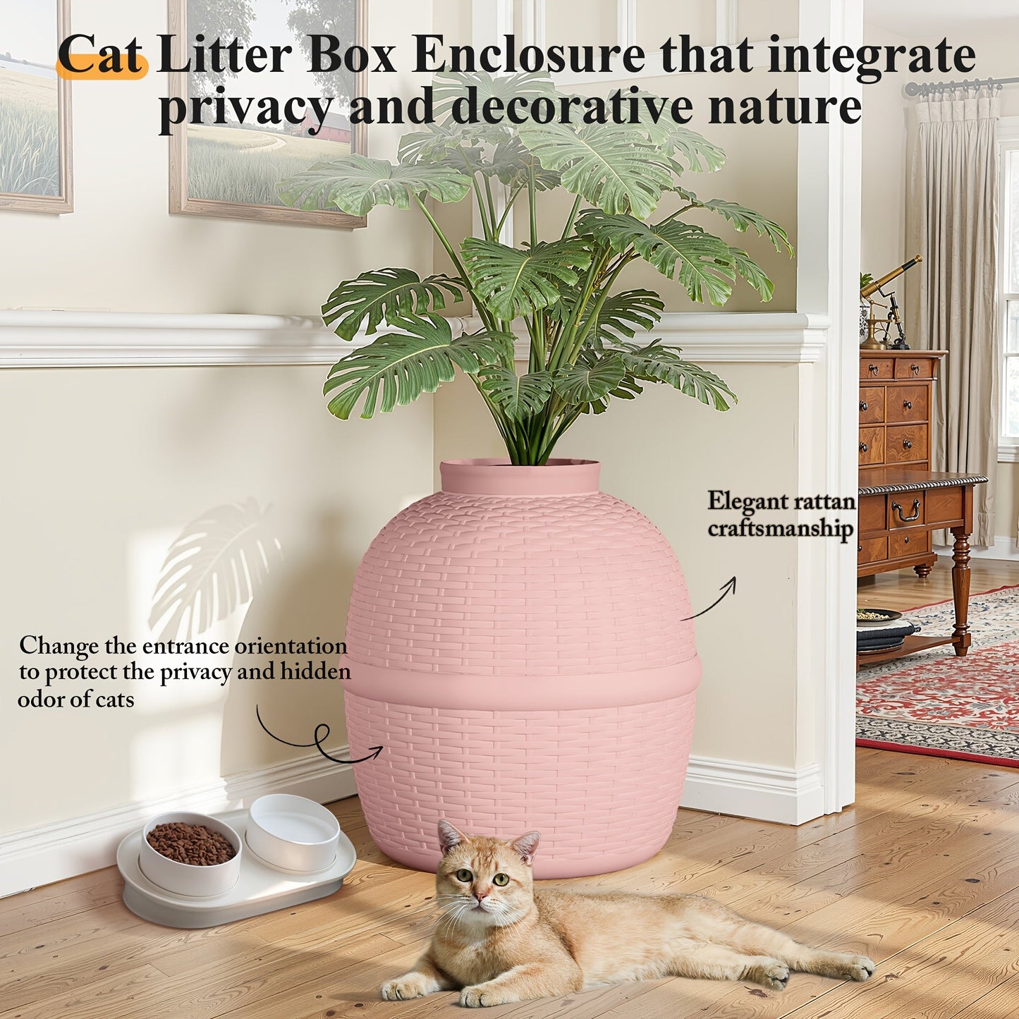 Hidden Litter Box Enclosure with Rattan Plant Design - Large Cat Litter Box Furniture, Waterproof PP, Easy Assembly, Odor Control Indoor Cat Cabinet, Off-White & Pink, Stylish Home Decor