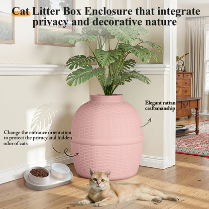 Hidden Litter Box Enclosure with Rattan Plant Design - Large Cat Litter Box Furniture, Waterproof PP, Easy Assembly, Odor Control Indoor Cat Cabinet, Off-White & Pink, Stylish Home Decor