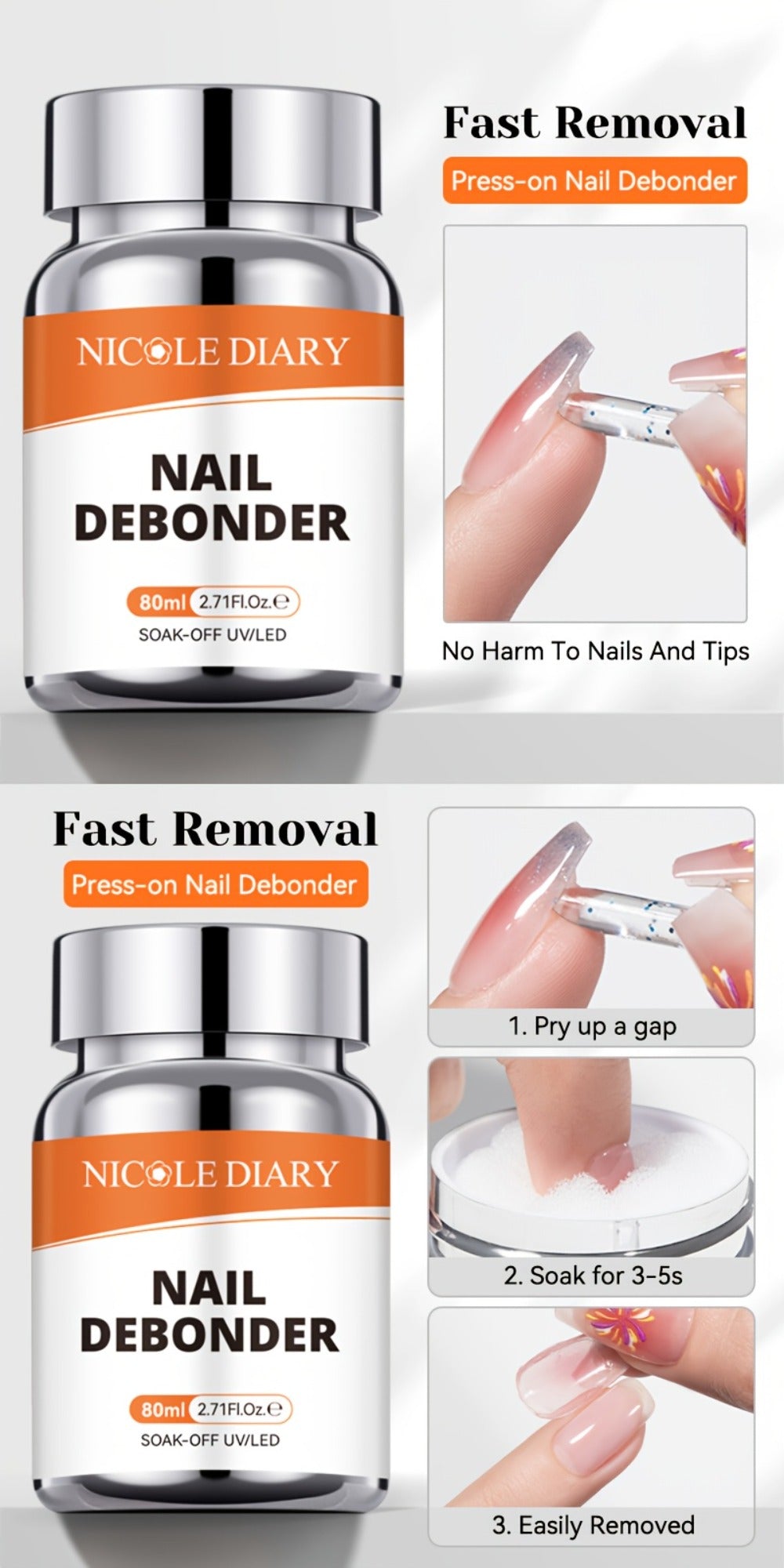 Press On Nail Debonder Remover 80ml — Fast 3-5 Second Soak-Off Liquid for False Tips, Rhinestone Glue Remover, No Damage Easy Dissolve, Professional Nail Care Tool for Women Home Salon