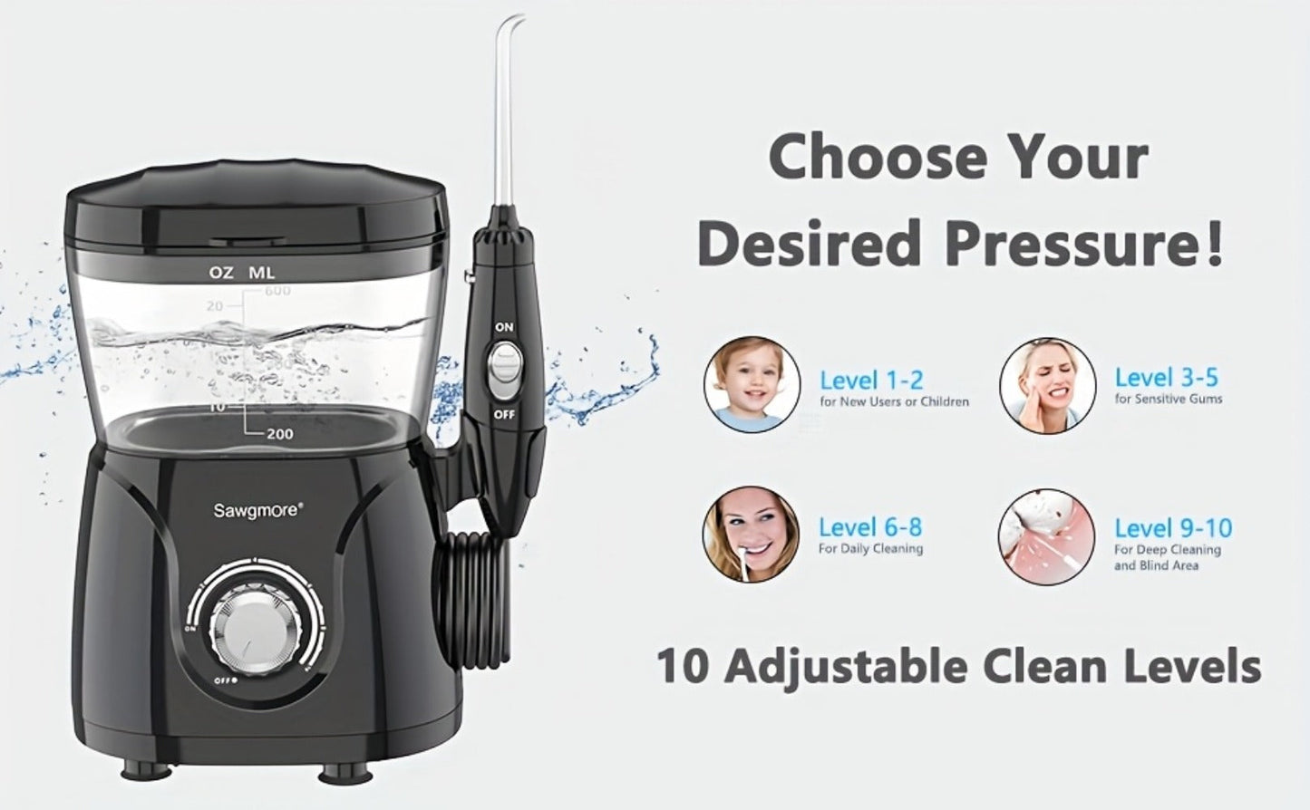 Water Flosser for Teeth & Braces 600ml Large Tank – 10 Adjustable Pressure Levels 8 Nozzles IPX4 Waterproof Professional Oral Irrigator Desktop Electric Dental Flosser for Adults Family