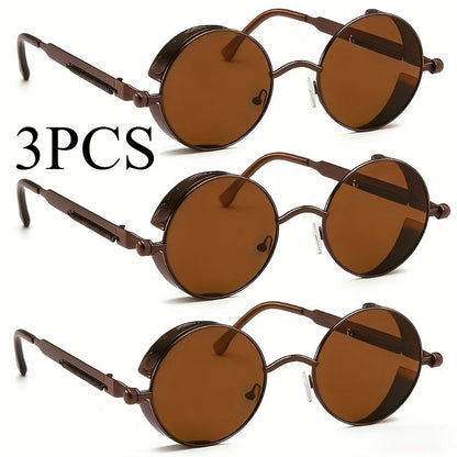 Retro Round Metal Frame Glasses with Spring Hinges Brown Decorative Lenses Lightweight Durable Vintage Circle Eyewear for Men Women Casual Formal Daily Wear