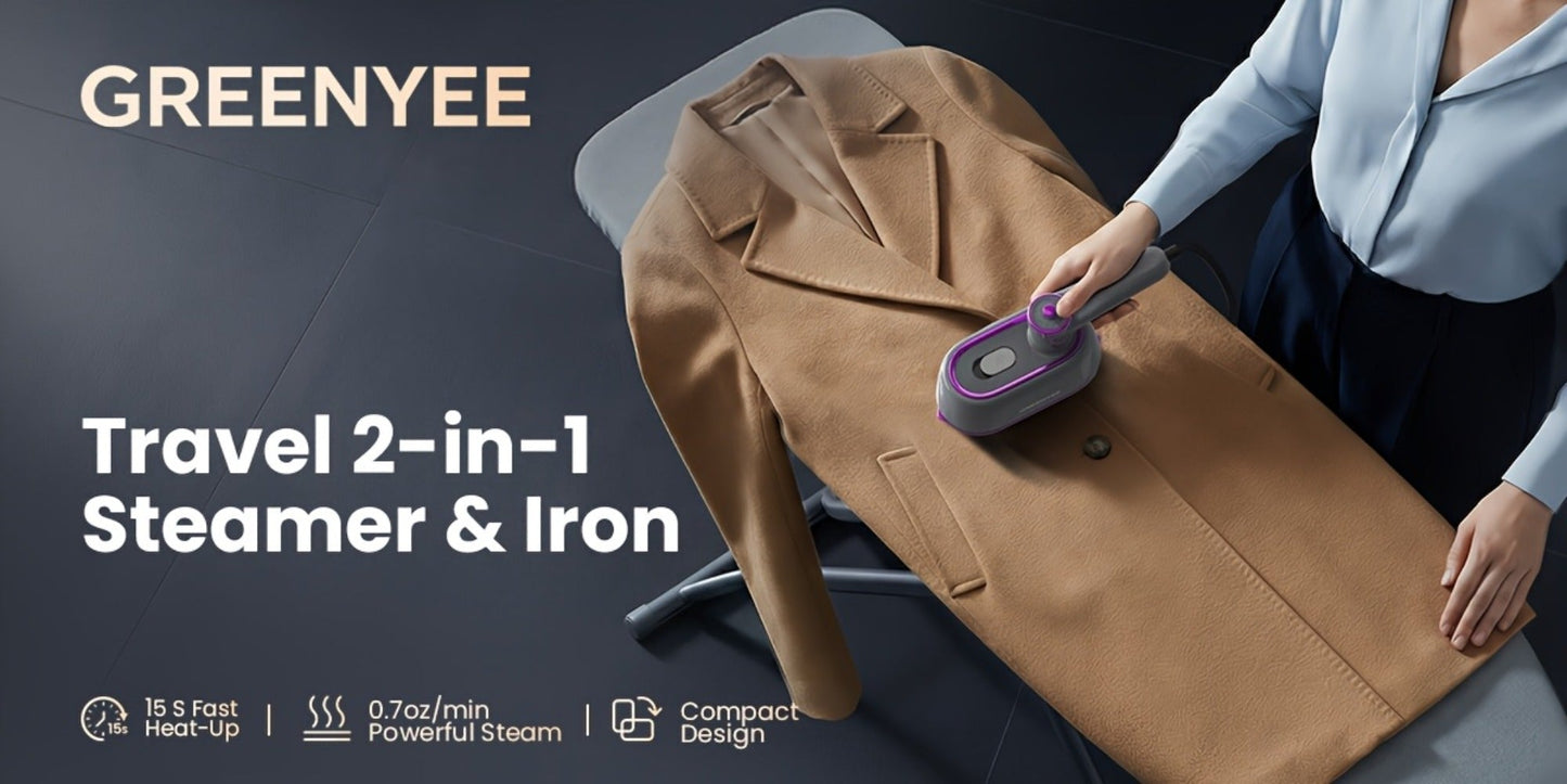 Mini Travel Steamer 2-in-1 Dry Steam Iron Foldable 180 Degree Handle 15-Second Heat 85ml Leak-Proof Tank ETL Certified for All Fabrics Home Travel Purple Black
