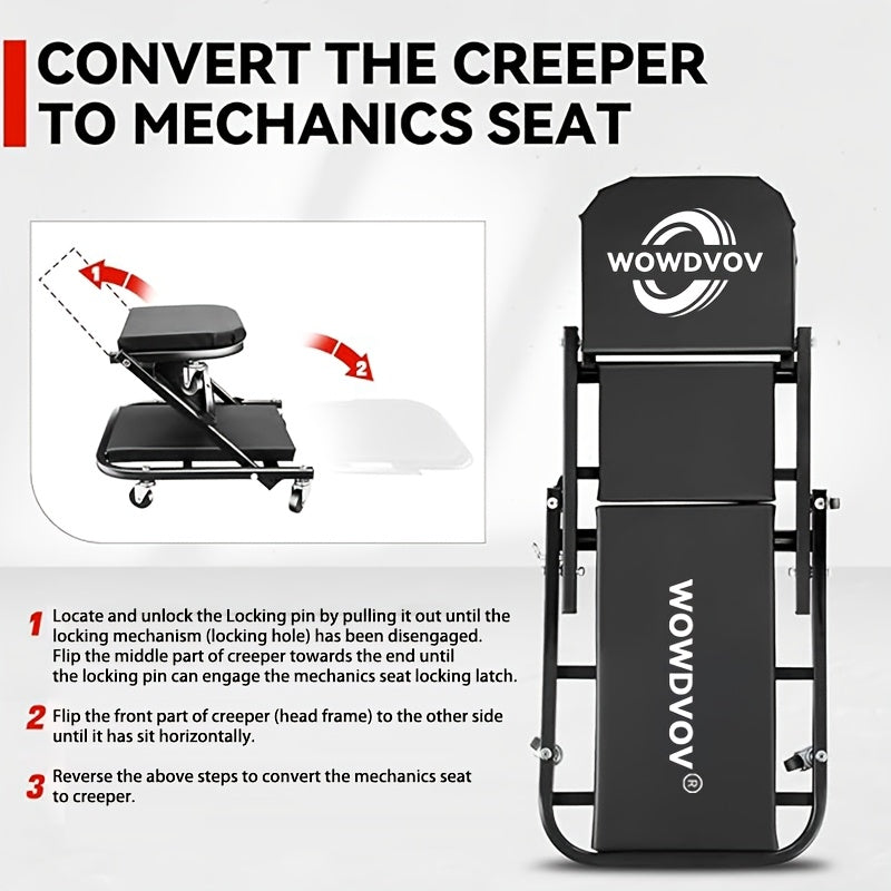 Auto Repair Bench with Roller Moving Tool Tray(Sold Separately), Wheel X Mechanical Climber 3-In-1/2-In-1 Z-Shaped Seat with 500 Pound Capacity, Foldable And Adjustable Rolling Garage Folding, Lying Down, Sitting And Leaning with 6 Wheel Rollers