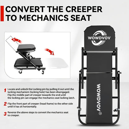 Auto Repair Bench with Roller Moving Tool Tray(Sold Separately), Wheel X Mechanical Climber 3-In-1/2-In-1 Z-Shaped Seat with 500 Pound Capacity, Foldable And Adjustable Rolling Garage Folding, Lying Down, Sitting And Leaning with 6 Wheel Rollers