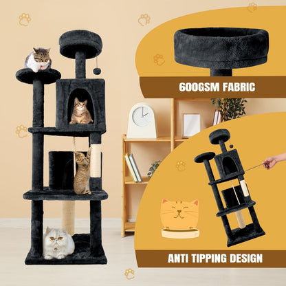 Cat Tree Tower 59 Inch Large Multi-Level Cat Tower for Indoor Cats with Plush Resting Area, Sisal Scratching Post & Hanging Ball Toy – Tall Cat Furniture for Bedroom Living Room, Multiple Colors