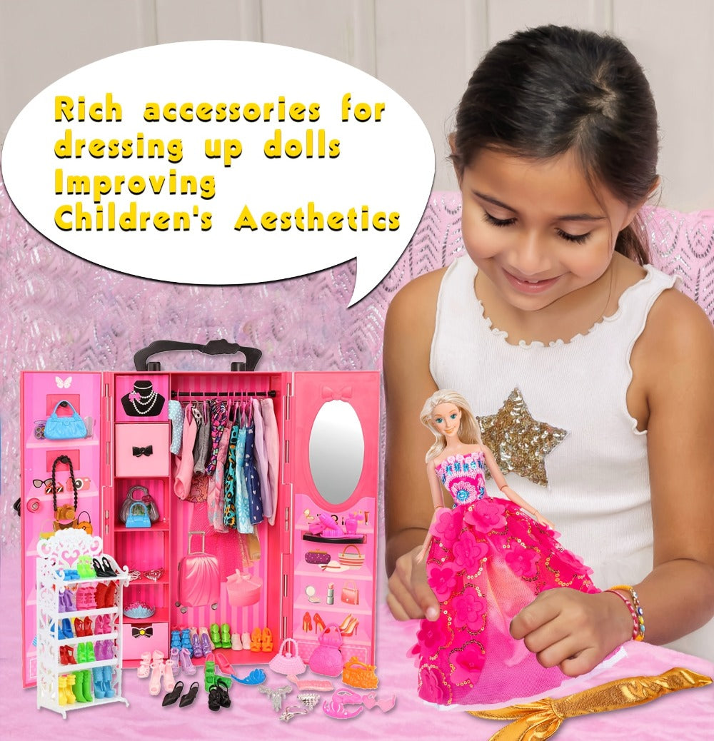 Doll Closet Playset 105 Piece Rose Wardrobe for 11.5 Inch Dolls – Wedding Gowns Fishtail Dress Swimsuit Shoes Handbags Crowns & Necklaces, Barbie-Size Fashion Gift for Girls Ages 6-12 No Doll