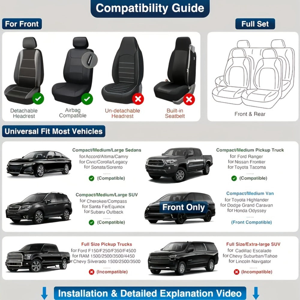 Car Seat Covers Full Set – Faux Leather 5-Seat & 2-Front Options, 3D Diamond Embroidery, Waterproof & Non-Slip for SUVs, Sedans & Trucks