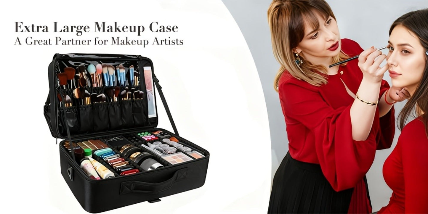 Professional Makeup Train Case 3-Layer 15.8 Inch Large Cosmetic Organizer with Adjustable Dividers Brush Holder Shoulder Strap for Makeup Artist Travel Studio Black