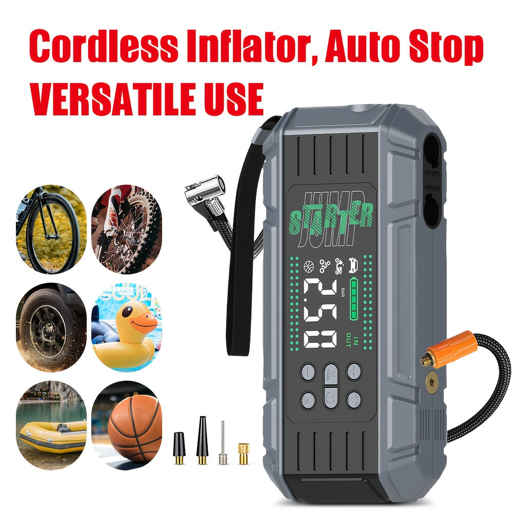 9000A Jump Starter Featuring an Air Compressor, Designed for All Gasoline And 2.11gal Diesel Engines. This Multifunctional Battery Pack Includes a Digital Tire Inflator, Blower Pump, PD65W Fast Charging Technology for Both Input And Output