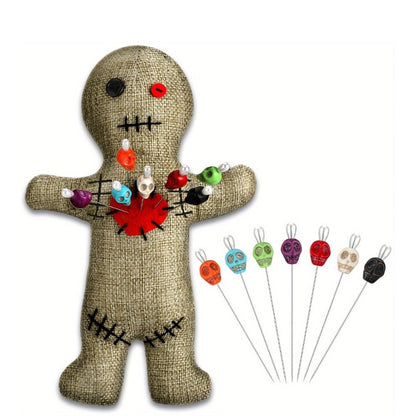 Voodoo Doll Set with 7 Skull Pins – 8-Piece Horror Ghost Doll Kit, Soft Revenge Stress Relief Creepy Doll Pin Holder for Adults (Flaxen)