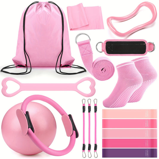 Pilates Ring Set 18-Piece – Magic Circle, Pilates Ball, Resistance Bands, Stretching Strap, Yoga Ring, Anti-Slip Socks & Gym Bag, Complete Women's Home Workout Accessories Kit, Pink
