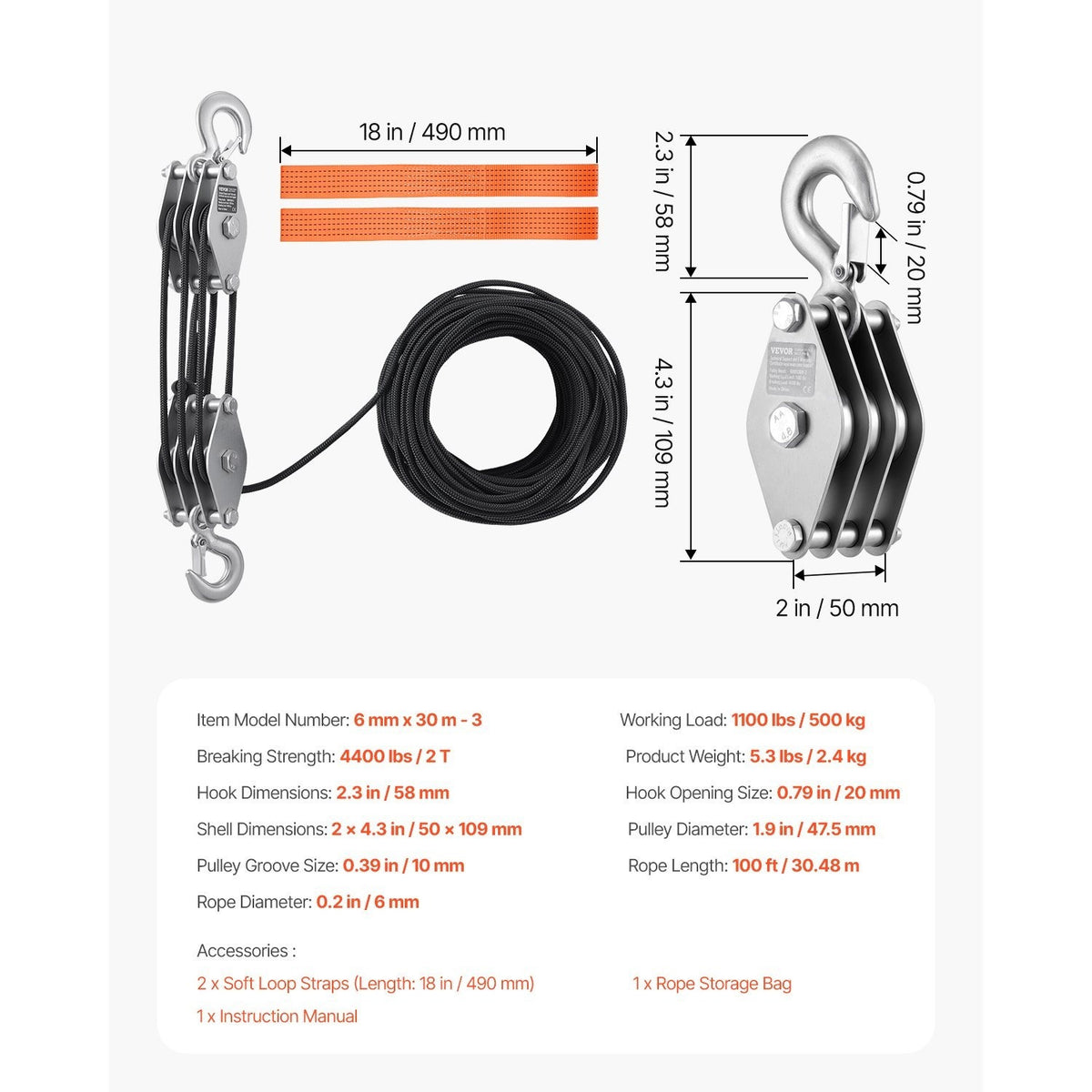 VEVOR 4400 lbs Rope Hoist Pulley System Block and Tackle 5:1 Lifting Ratio 100 ft Rope