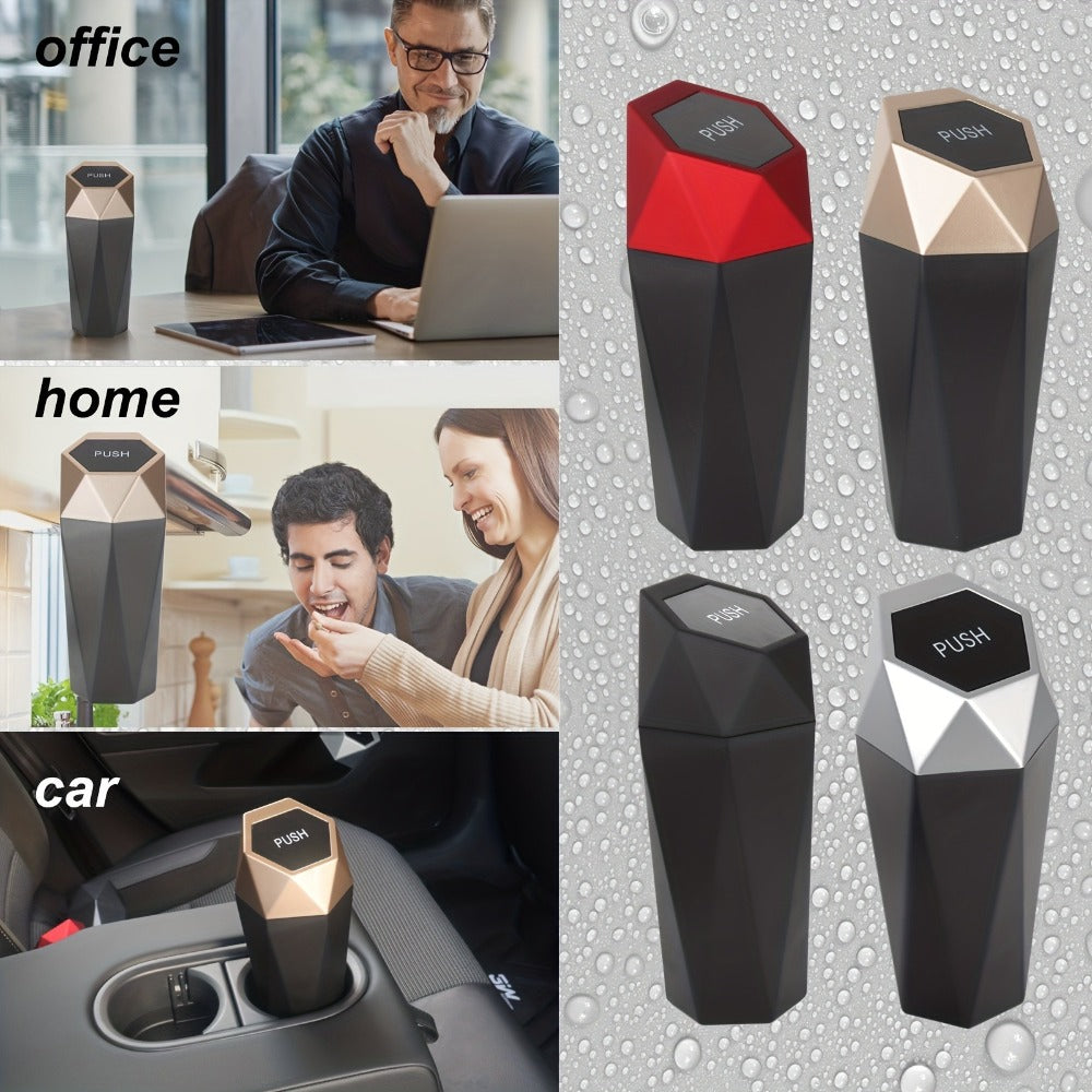 Car Trash Can with Trash Bags – Mini Diamond Design Car Bin Set, 2 Cans + 60 Bags (4 Rolls), One-Button Lid, Fits Cars Trucks SUVs – Car Interior Organizer
