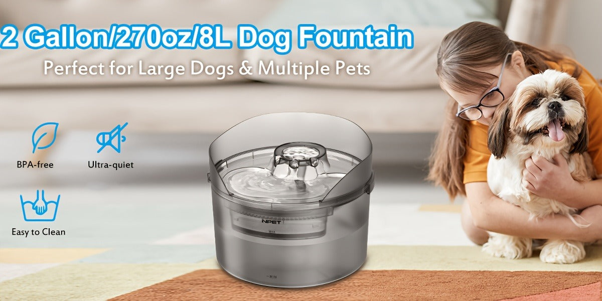 Dog Water Fountain 2 Gallon NPET DF30 - Automatic Pet Water Dispenser Triple Filtration with Splatter Guard & Cleaning Kit for Large Dogs & Multiple Pets 1.3Gal or 2Gal Options