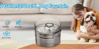 Dog Water Fountain 2 Gallon NPET DF30 - Automatic Pet Water Dispenser Triple Filtration with Splatter Guard & Cleaning Kit for Large Dogs & Multiple Pets 1.3Gal or 2Gal Options