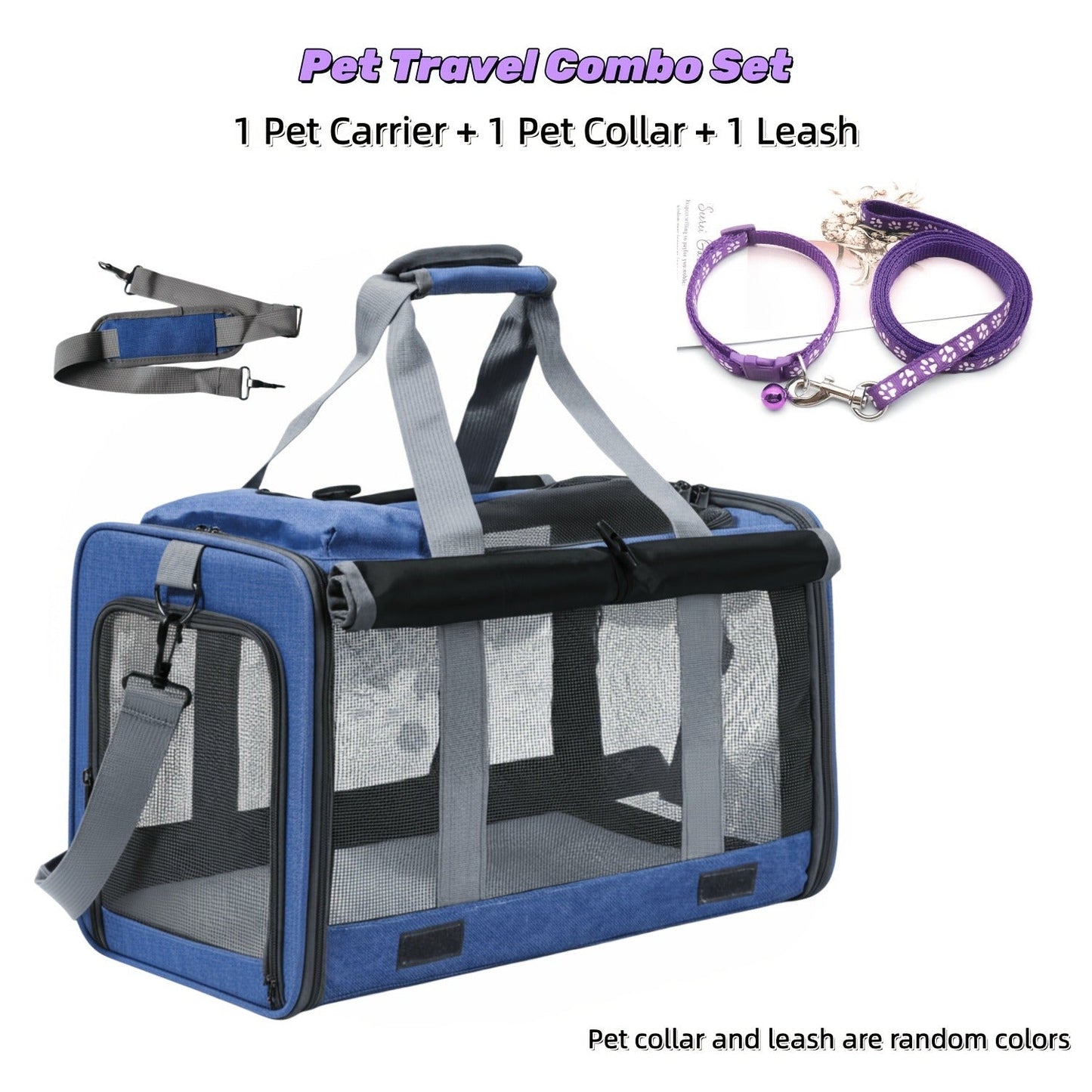 Airline Approved Pet Carrier Soft Sided Collapsible for Cats & Small Dogs - Breathable Oxford Cloth Travel Bag with Zipper Closure, Privacy Cover & Combo Set with Collar Leash Harness, Blue Pink Grey Green Beige