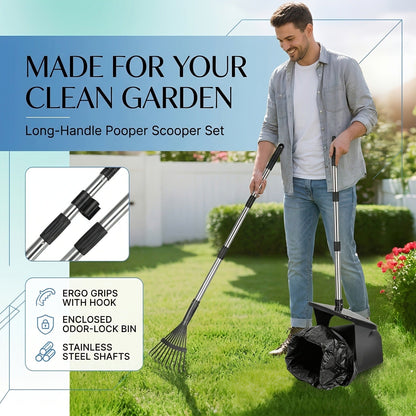 Dog Pooper Scooper with Long Handle & Swivel Bin - Heavy Duty Rake Spade Set, 40 Waste Bags Included, Pet Waste Removal for Yard Grass Gravel