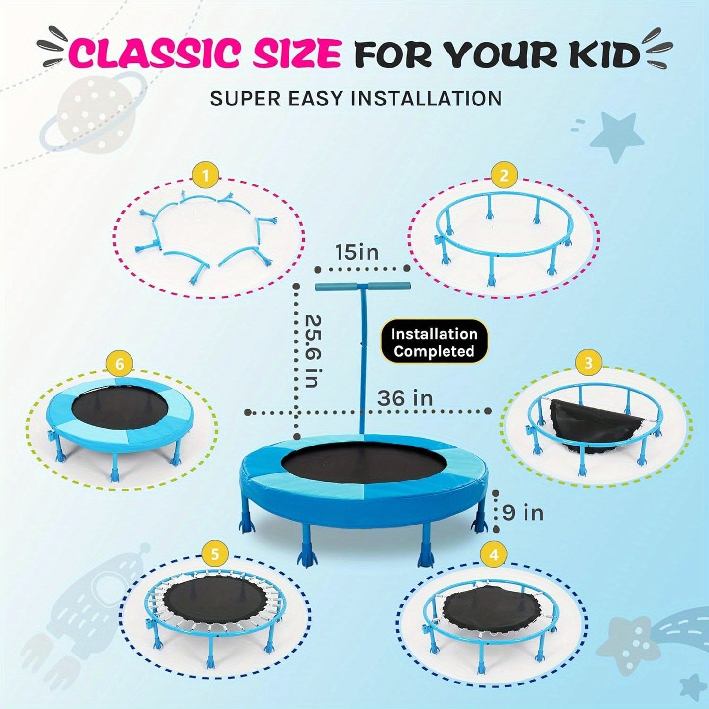 36 Inch Kids Indoor Trampoline with Handle - 7-Leg Safety Design, 2.0mm Steel Frame, 28 Coil Springs, Non-Slip Feet, PP Jump Mat, Compact Mini Toddler Trampoline for Home Bedroom Playroom Exercise