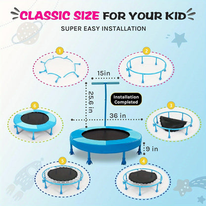 36 Inch Kids Indoor Trampoline with Handle - 7-Leg Safety Design, 2.0mm Steel Frame, 28 Coil Springs, Non-Slip Feet, PP Jump Mat, Compact Mini Toddler Trampoline for Home Bedroom Playroom Exercise