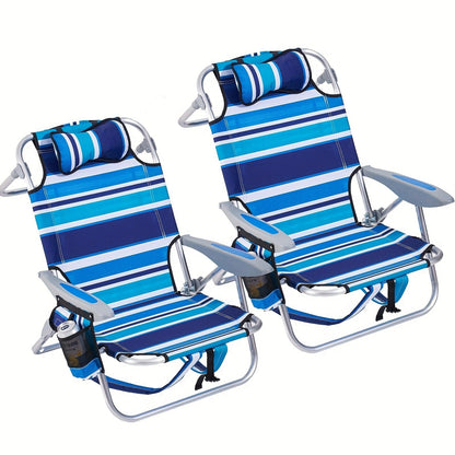 Folding Beach Chair Lay Flat Camping Chair for Adults 4 Position Adjustable Backpack Chair with Cup Holder Towel Bar Cooler Pouch Lightweight Portable Outdoor Lounge Chair