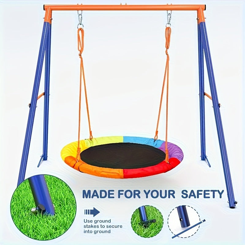 Outdoor Swing Set for Kids 3-in-1 Metal A-Frame 550 lbs Disc Saucer Swing Backyard Playground
