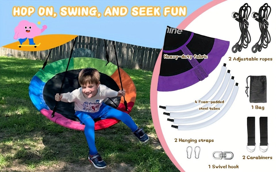 Saucer Tree Swing 43 Inch 360 Degree Rotating Flying Saucer Swing with Swivel Hanging Straps Adjustable Ropes Round Spinner Swing for Tree Swing Set Kids Outdoor