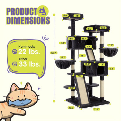 Cat Tree Tower Multi-Level for Indoor Cats - Cat Furniture with Sisal Scratching Posts, Plush Perches, Hammock, Basket & Corner Condo Cave, Hanging Toys & Climbing Ramp, Multiple Sizes & Colors