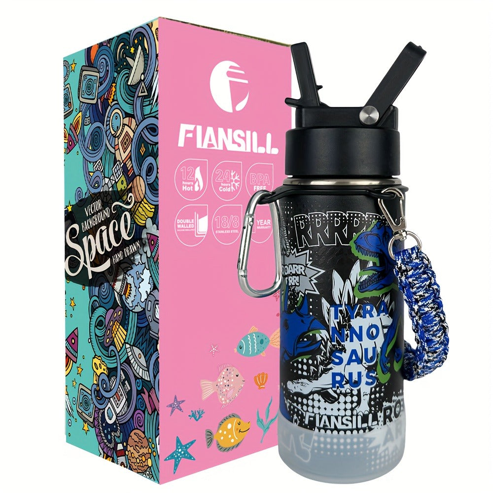Kids Insulated Water Bottle 16oz with 3D Print Design - Stainless Steel Vacuum Flask, Leak-Proof BPA-Free, One-Hand Lid, Woven Strap & Carabiner, Perfect Student Gift for Boys & Girls, 8 Fun Styles