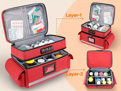 Lockable Medicine Organizer Bag with Combination Lock, Double-Layer Large Capacity Pill Bottle Storage Case for Prescription Bottles First Aid Supplies Home Travel, Portable Medication Carry Bag Red Grey Black