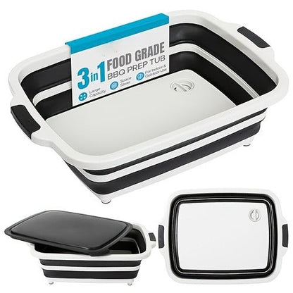 Collapsible BBQ Prep Tub 3-in-1 Grill Caddy – Cutting Board, Washing Basket & Prep Station | Food-Grade Plastic, Drainage Hole, Foldable for Camping & Outdoor Grilling