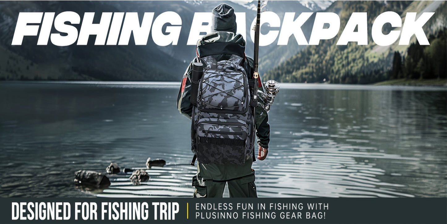 Waterproof Fishing Rod Backpack 42L – Built-In Rod Tube, 16 Pockets & Insulated Cooler Option | Black, Camo, Khaki, Gray