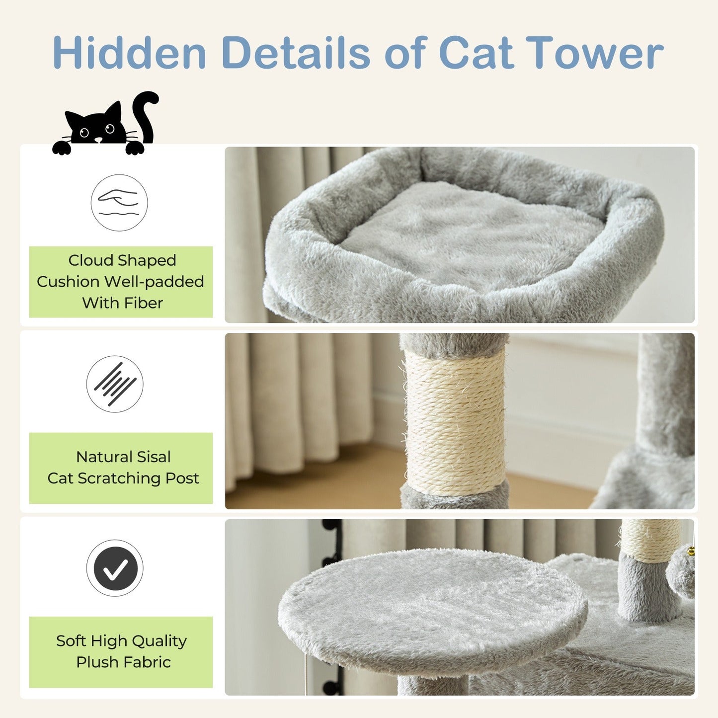 44-Inch Cat Tree Tower with Condo & Hammock - Multi-Level Indoor Cat Tree with Natural Sisal Scratching Posts, Perches & Pet House for Cats & Kittens, Stable Cat Climbing Tower, 5 Colors