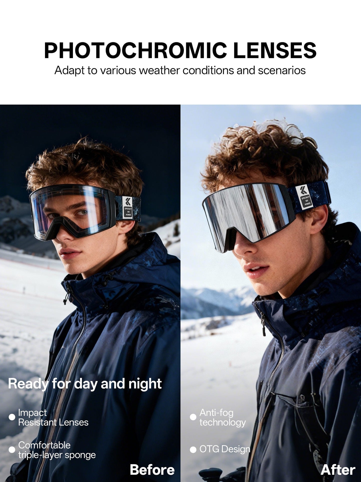 Magnetic Photochromic Ski Goggles OTG Helmet Compatible – 16-Point Magnetic Swap Lens, Triple-Layer Foam, Double Anti-Fog Dual-Layer PC 99.99% UV Protection for Men & Women, Includes Case & Bag