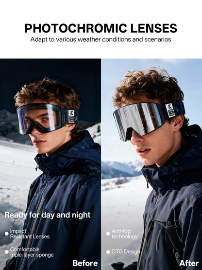 Magnetic Photochromic Ski Goggles OTG Helmet Compatible – 16-Point Magnetic Swap Lens, Triple-Layer Foam, Double Anti-Fog Dual-Layer PC 99.99% UV Protection for Men & Women, Includes Case & Bag